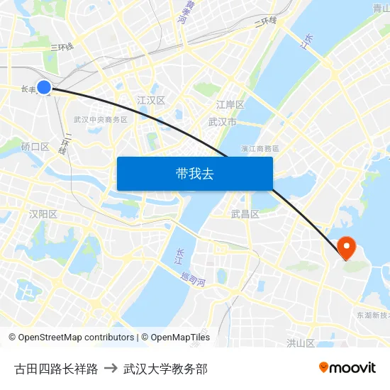 古田四路长祥路 to 武汉大学教务部 map