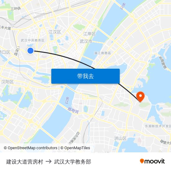 建设大道营房村 to 武汉大学教务部 map