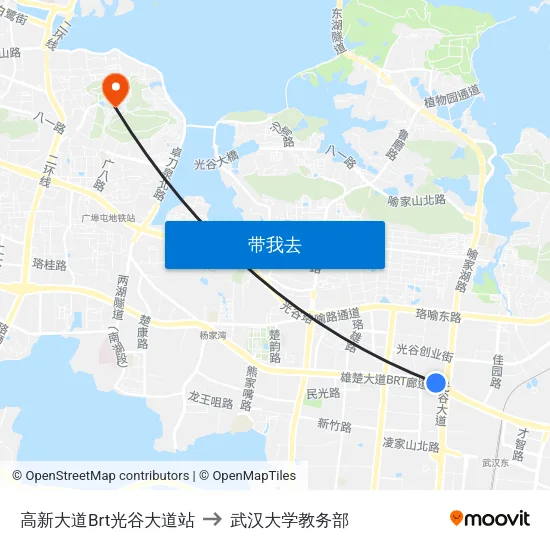 高新大道Brt光谷大道站 to 武汉大学教务部 map