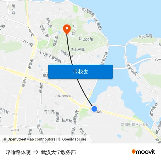 珞喻路体院 to 武汉大学教务部 map