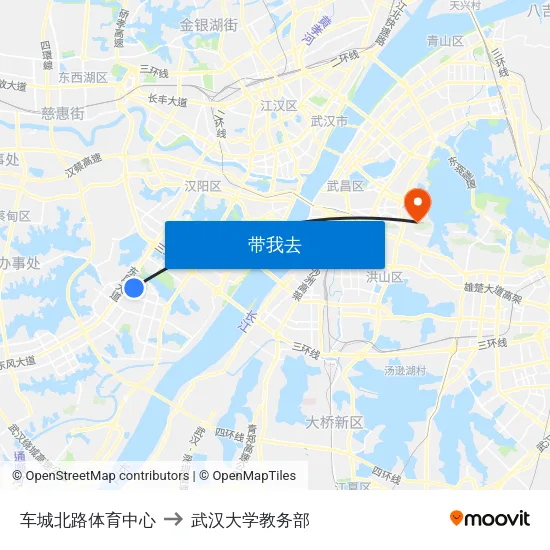 车城北路体育中心 to 武汉大学教务部 map