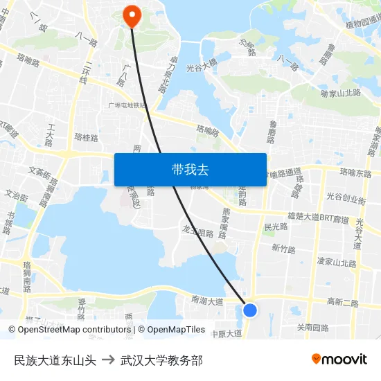 民族大道东山头 to 武汉大学教务部 map