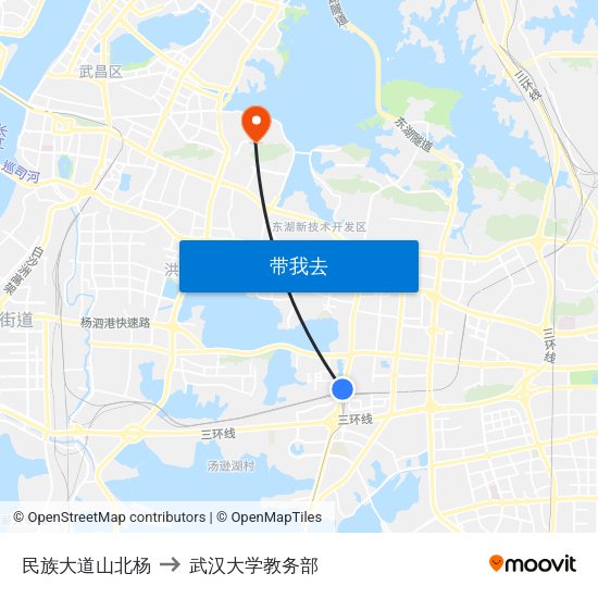 民族大道山北杨 to 武汉大学教务部 map