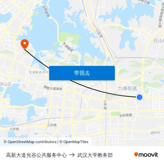 高新大道光谷公共服务中心 to 武汉大学教务部 map