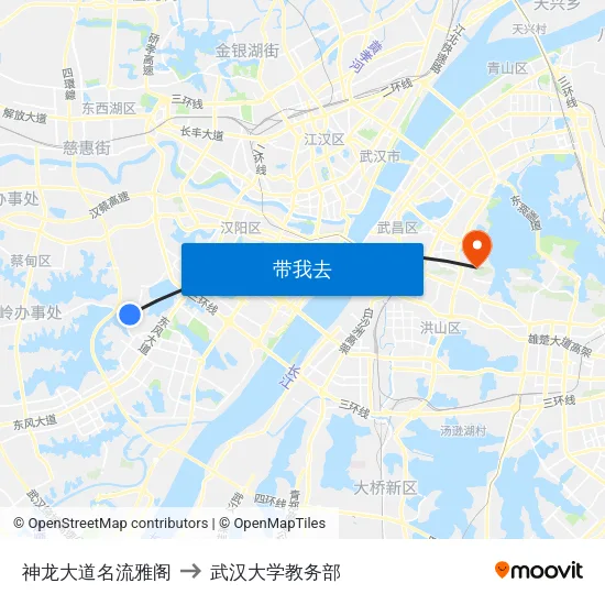 神龙大道名流雅阁 to 武汉大学教务部 map