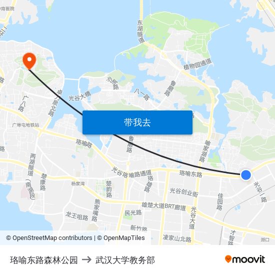 珞喻东路森林公园 to 武汉大学教务部 map