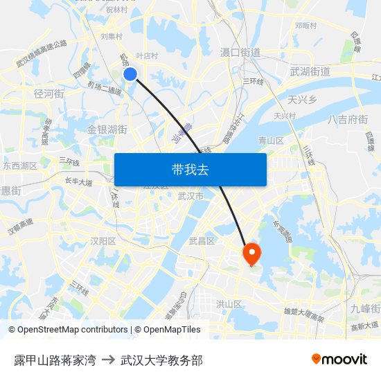 露甲山路蒋家湾 to 武汉大学教务部 map