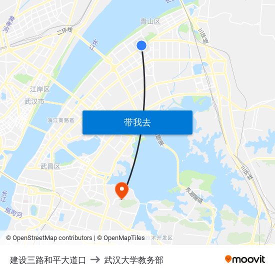 建设三路和平大道口 to 武汉大学教务部 map