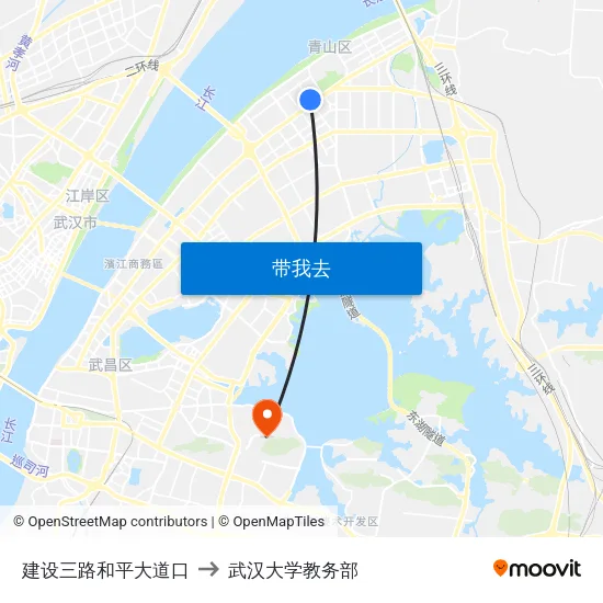 建设三路和平大道口 to 武汉大学教务部 map