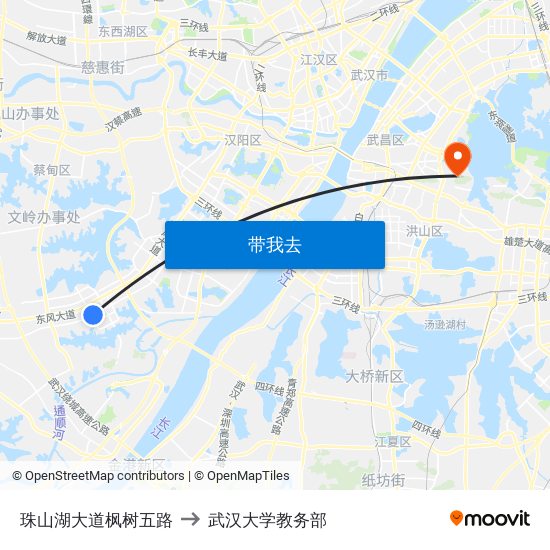 珠山湖大道枫树五路 to 武汉大学教务部 map