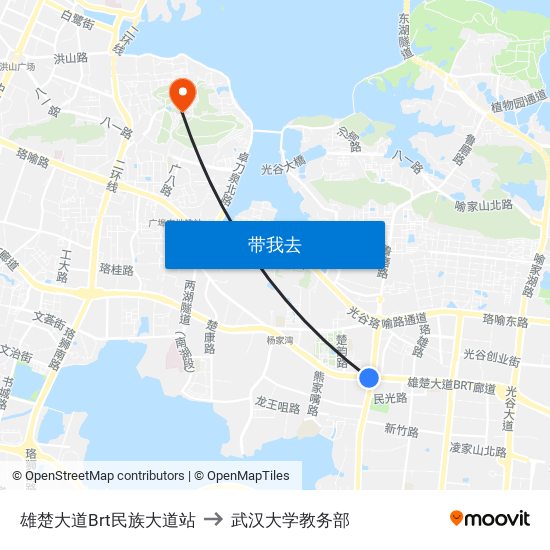 雄楚大道Brt民族大道站 to 武汉大学教务部 map