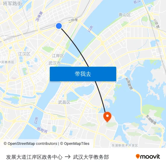 发展大道江岸区政务中心 to 武汉大学教务部 map