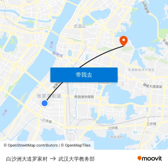 白沙洲大道罗家村 to 武汉大学教务部 map