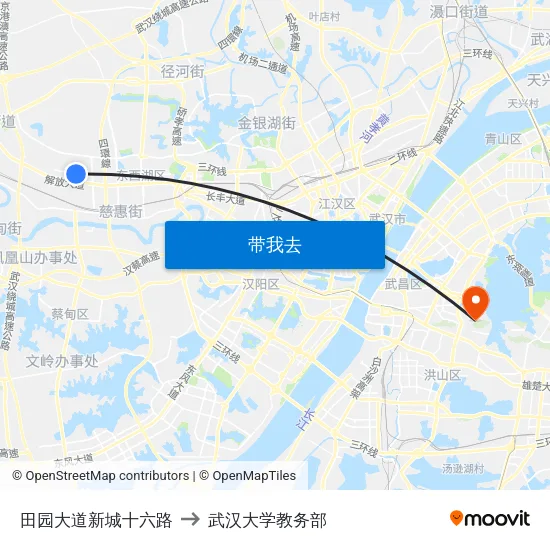 田园大道新城十六路 to 武汉大学教务部 map