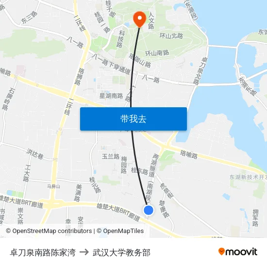 卓刀泉南路陈家湾 to 武汉大学教务部 map