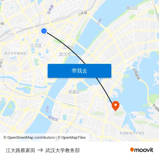 江大路蔡家田 to 武汉大学教务部 map