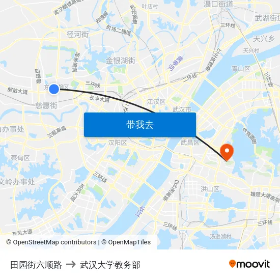 田园街六顺路 to 武汉大学教务部 map