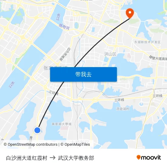 白沙洲大道红霞村 to 武汉大学教务部 map