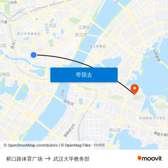桥口路体育广场 to 武汉大学教务部 map