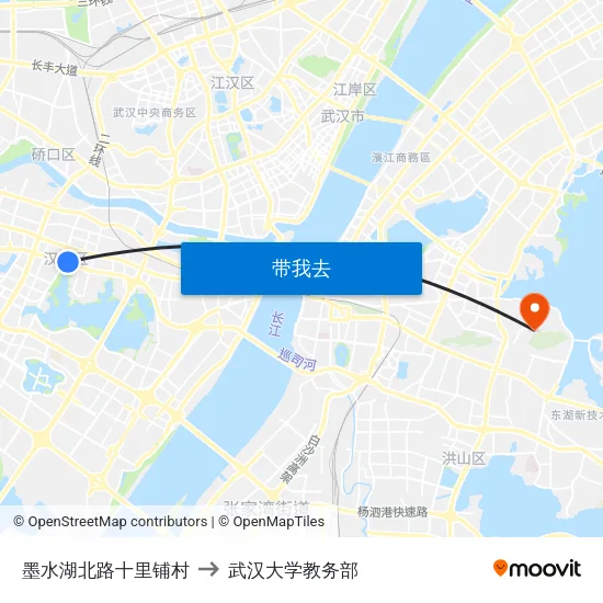 墨水湖北路十里铺村 to 武汉大学教务部 map