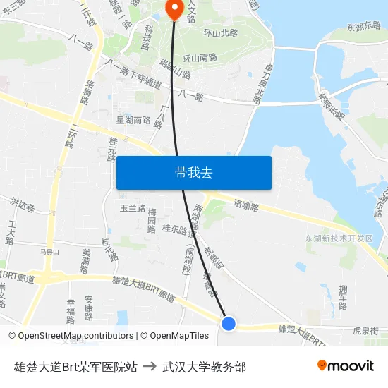 雄楚大道Brt荣军医院站 to 武汉大学教务部 map