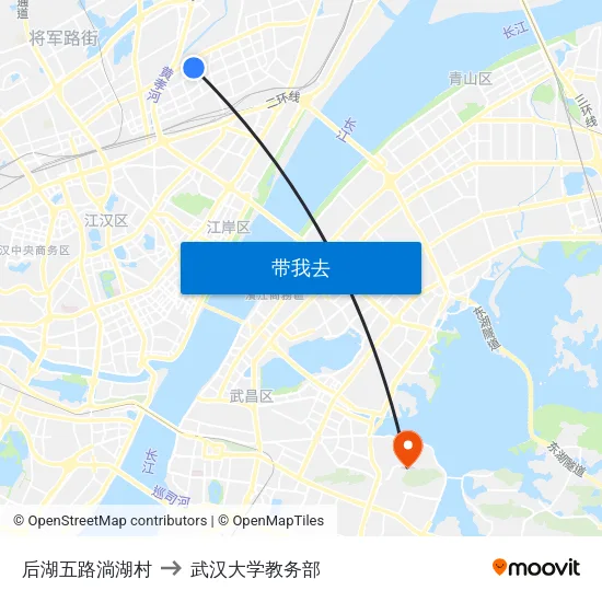 后湖五路淌湖村 to 武汉大学教务部 map