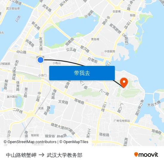 中山路螃蟹岬 to 武汉大学教务部 map