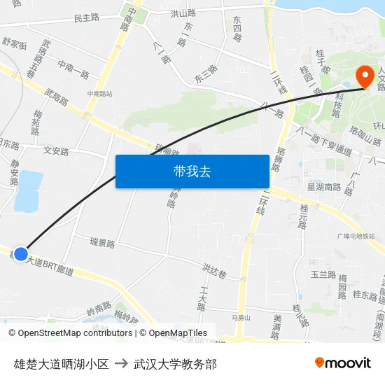 雄楚大道晒湖小区 to 武汉大学教务部 map
