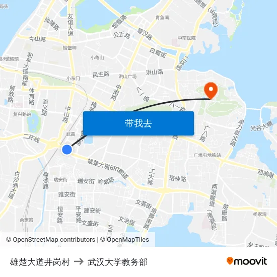 雄楚大道井岗村 to 武汉大学教务部 map