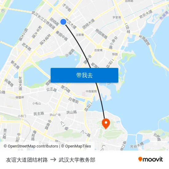 友谊大道团结村路 to 武汉大学教务部 map