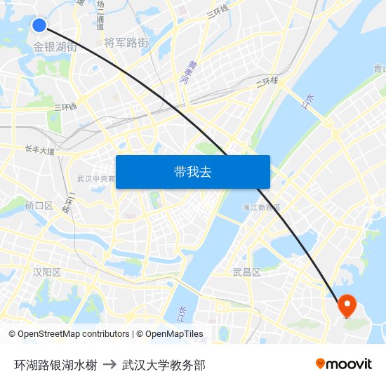 环湖路银湖水榭 to 武汉大学教务部 map