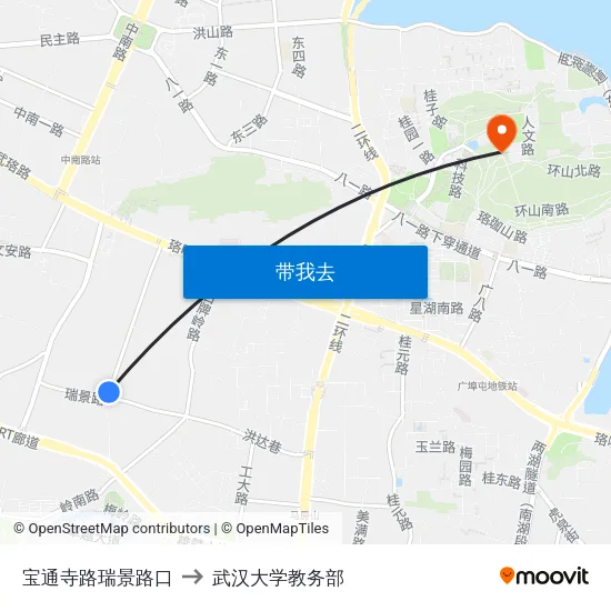 宝通寺路瑞景路口 to 武汉大学教务部 map
