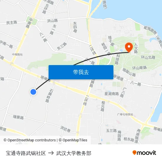 宝通寺路武锅社区 to 武汉大学教务部 map