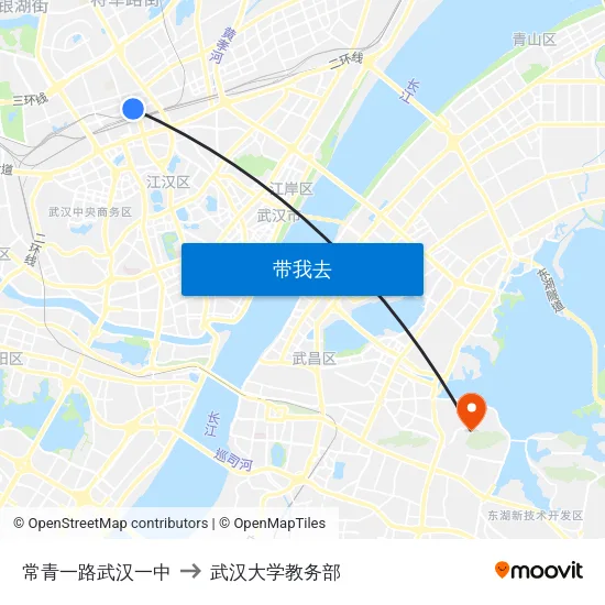 常青一路武汉一中 to 武汉大学教务部 map