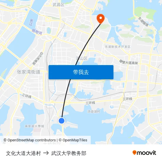 文化大道大港村 to 武汉大学教务部 map