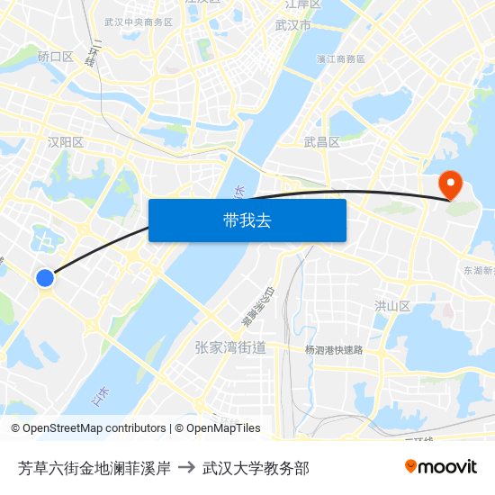 芳草六街金地澜菲溪岸 to 武汉大学教务部 map