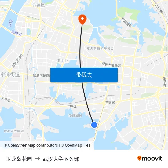 玉龙岛花园 to 武汉大学教务部 map