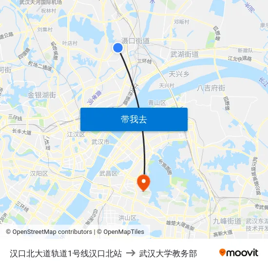 汉口北大道轨道1号线汉口北站 to 武汉大学教务部 map