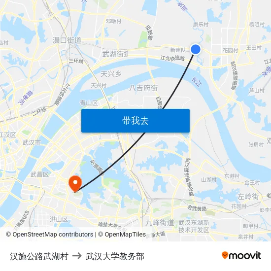 汉施公路武湖村 to 武汉大学教务部 map