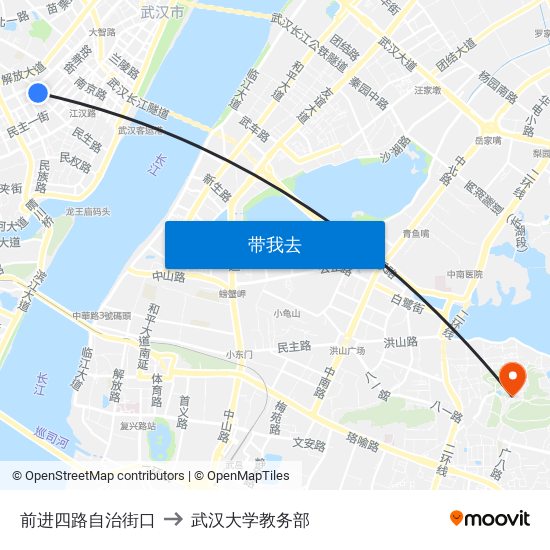 前进四路自治街口 to 武汉大学教务部 map