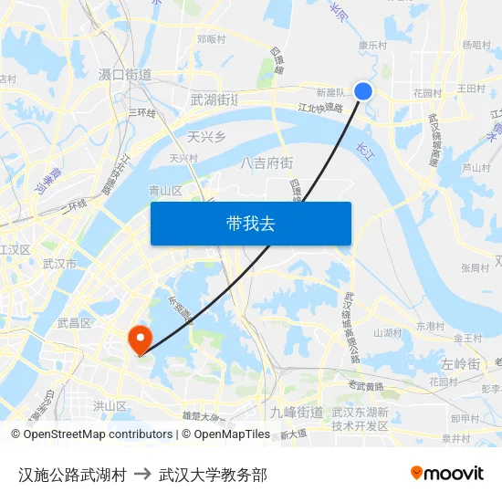 汉施公路武湖村 to 武汉大学教务部 map