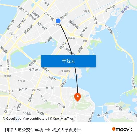 团结大道公交停车场 to 武汉大学教务部 map