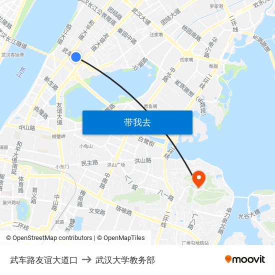 武车路友谊大道口 to 武汉大学教务部 map