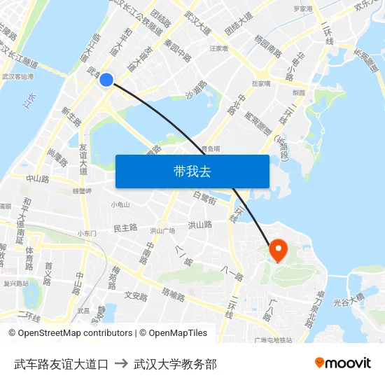 武车路友谊大道口 to 武汉大学教务部 map