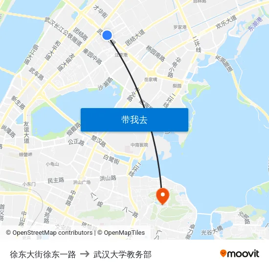 徐东大街徐东一路 to 武汉大学教务部 map