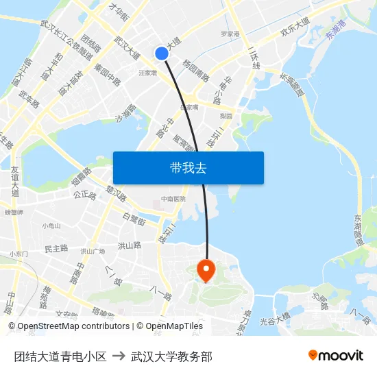 团结大道青电小区 to 武汉大学教务部 map