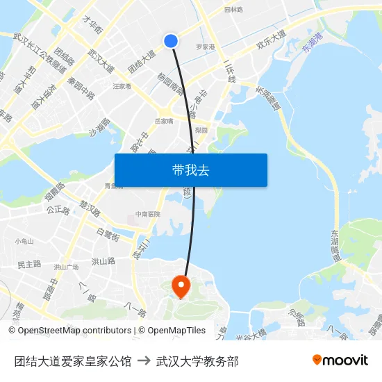 团结大道爱家皇家公馆 to 武汉大学教务部 map