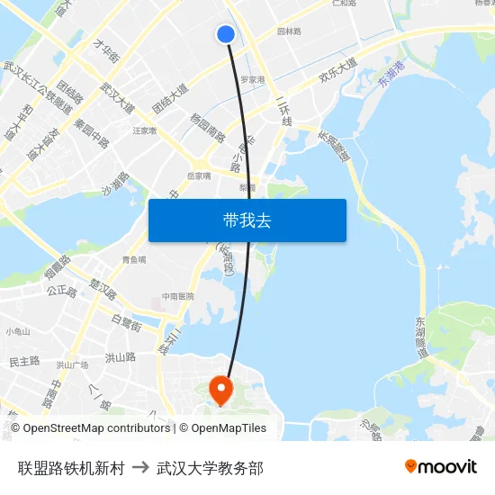 联盟路铁机新村 to 武汉大学教务部 map