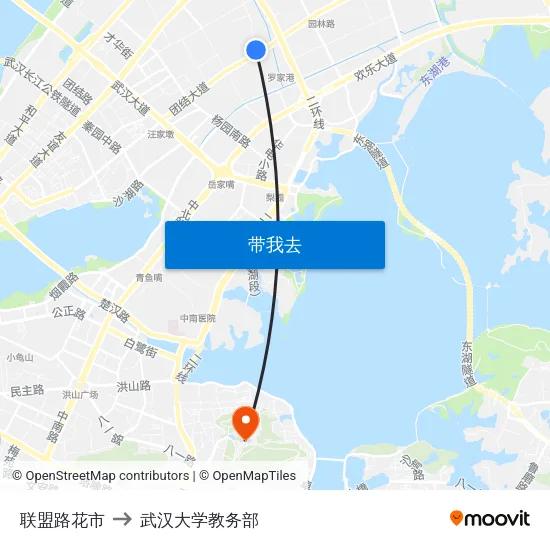 联盟路花市 to 武汉大学教务部 map