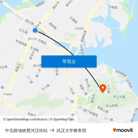 中北路地铁楚河汉街站 to 武汉大学教务部 map